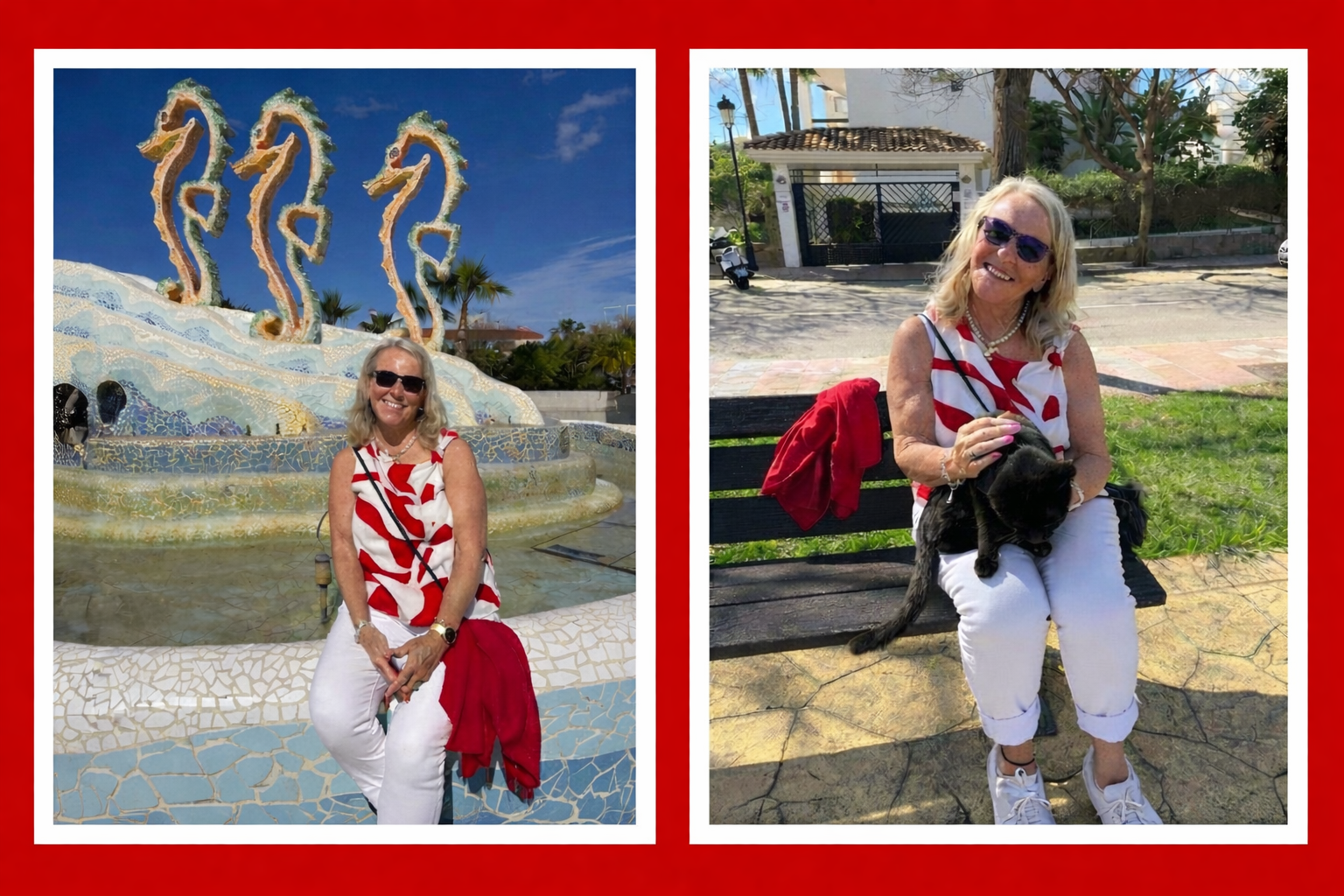 Susan sitting beside the seahorses and with a lucky black cat